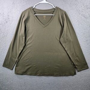 Belle Kim Gravel V Neck Long Sleeve Top Olive Green Size Large Pima Cotton